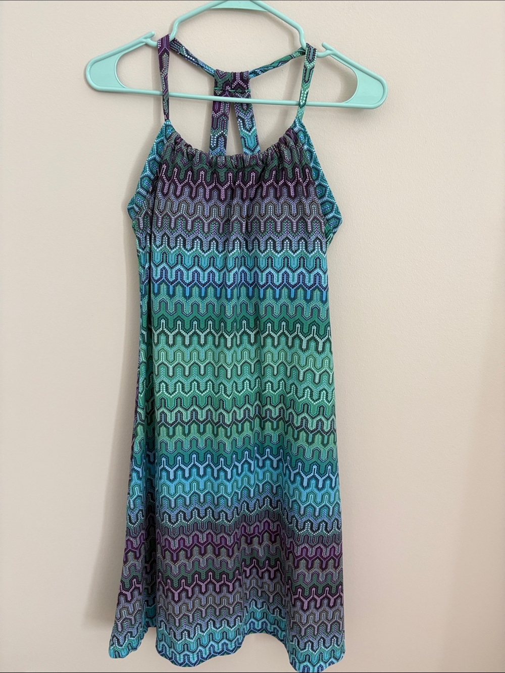 Prana Racerback Shift Dress in Teal, Green & Purple Wave Print